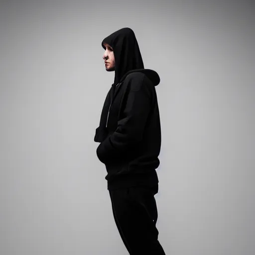 Image similar to a guy in a black hoodie in front of a plain white background, black and white