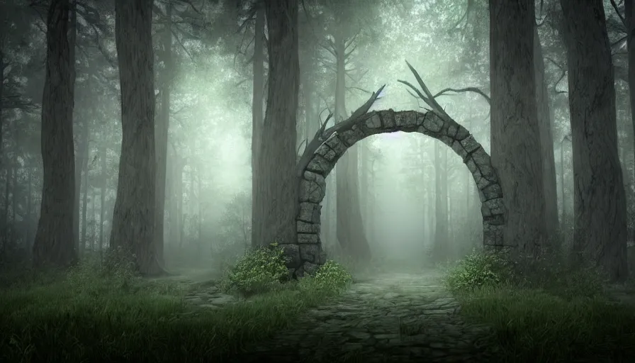 Image similar to a dark foggy forest with a doorframe!! that is a portal! to a fantasy landscape, high quality rendering, digital art