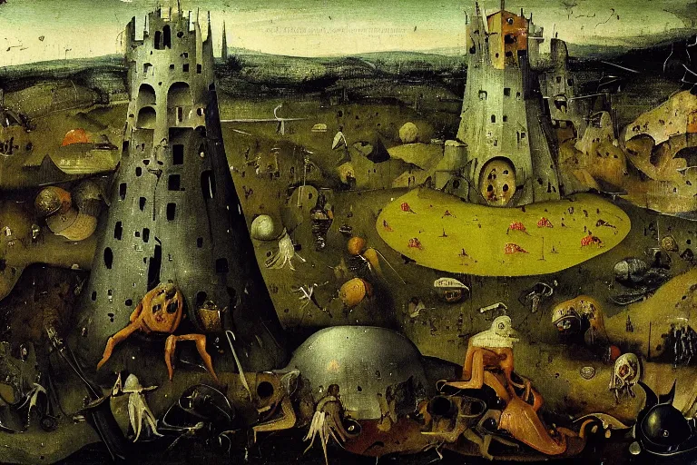 Image similar to dark souls landscape painted by hieronymus bosch