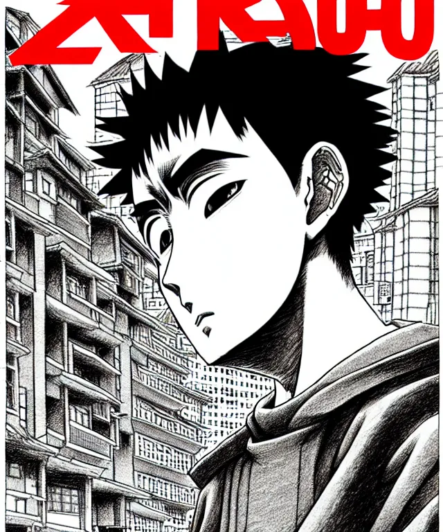 Image similar to A manga cover about a shaved-headed solo gopnik standing on the sidewalk. Sharp high quality manga cover, fine details, straight lines, architecture in the background, masterpiece, art, highly detailed drawing by Hirohiko Araki, Akatsuki Akira, Kentaro Miura