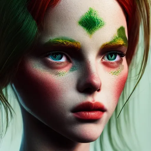 Image similar to girl portrait. red hair, green eyes. intricate artwork. octane render, trending on artstation, very coherent symmetrical artwork. cinematic, hyper realism, high detail, octane render, 8k, matte painting, 3d