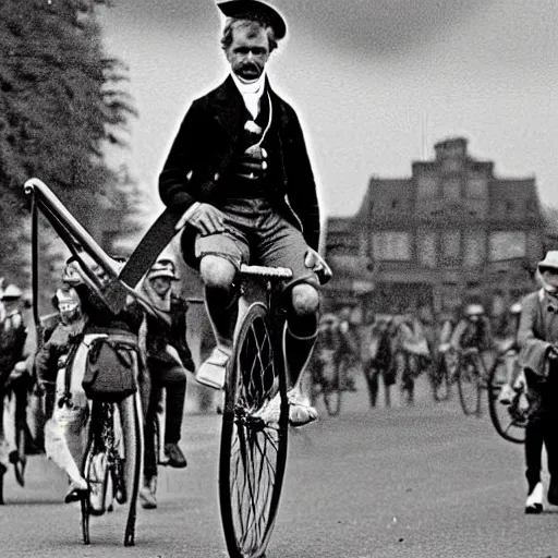 Prompt: a man dressed in nineteenth century clothing riding a large penny - farthing celebrating winning the tour de france with other riders dressed in modern clothing on modern bikes far behind him and angry, news, file photo, photorealistic, getty images, front page