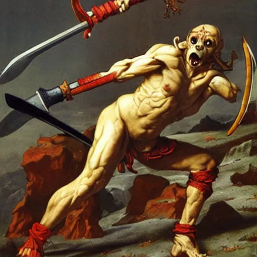 Prompt: dog - faced muscular goblin, ugly face, lizard tail, holding scimitar made of bone, scimitar, sword, jagged sword, curved sword, orkish sword, gray skin, red sky, hyper - detailed, primeval fantasy, prehistoric fantasy, art by jacques - louis david