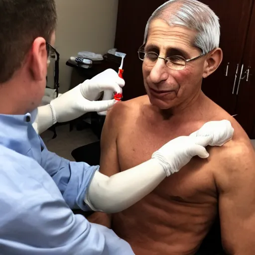 Image similar to A photo of Anthony Fauci injecting heroin into his right arm