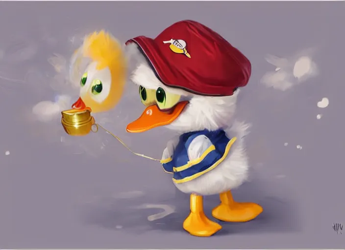 Image similar to award - winning detailed concept art of a cute iconic anthropomorphic little duck character wearing a sailor suit. art by wlop on bcy. net, realistic. detailed feathers, art by cheng yi. artstationhd, artgerm, disney