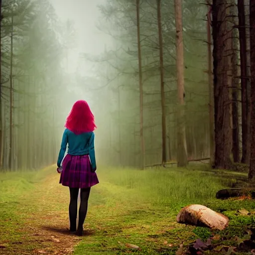 Image similar to young woman is a cottagecore witch, with rosy hair, with teal clothes, in a foggy forest, hyper - realistic, 4 k, full body, vogue photoshoot