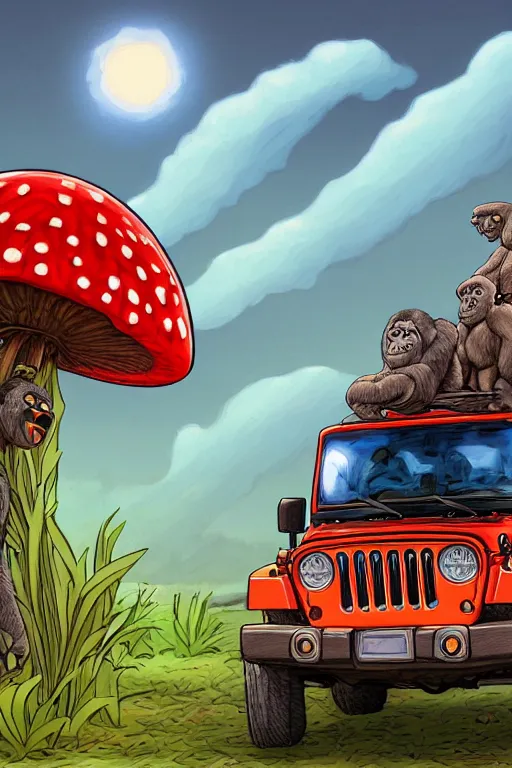 Prompt: gorilla driving a jeep holding a amanita muscaria, sunshine, by alba ballesta gonzalez and moebius. 4 k wallpaper, digital flat 2 d, japan animation, comic book, illustration, cinematic lighting, smooth sharp focus.