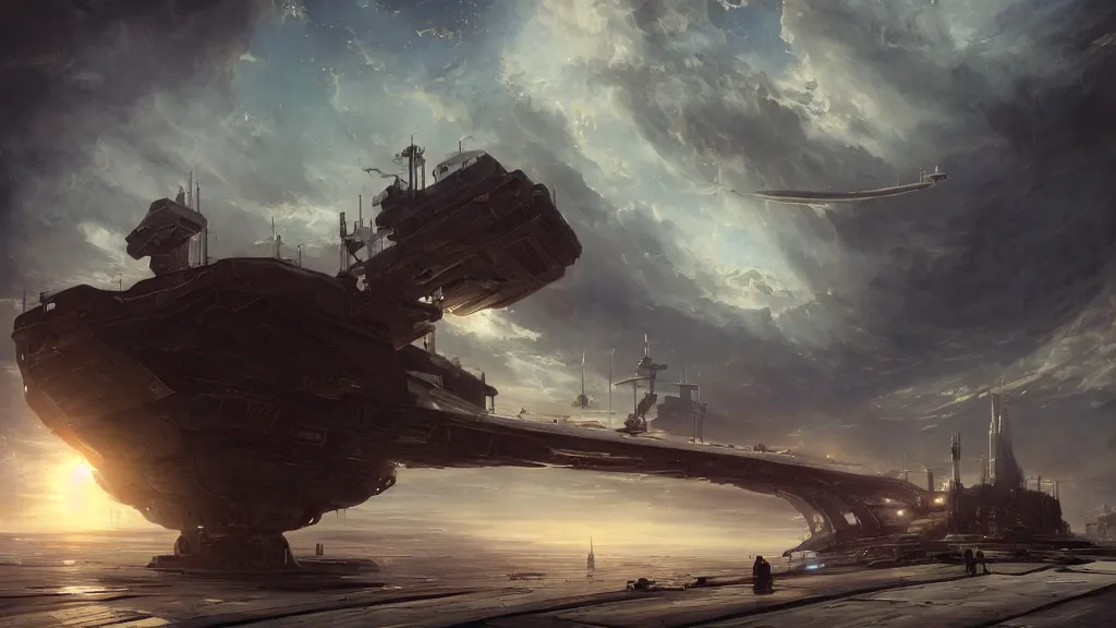 Image similar to worn spaceship docked at the glorious empire's largest orbital station. andreas achenbach, artgerm, mikko lagerstedt, zack snyder