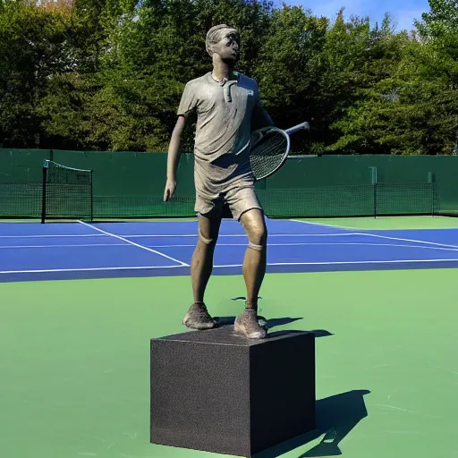 Prompt: a statue of a sad novak dijokovic on the tennis court