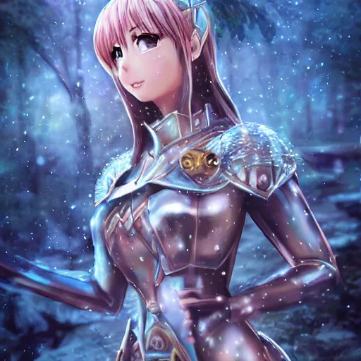 Prompt: portrait focus of knight beautiful 3D anime girl, water armor wearing, dark forest background, snowing, bokeh, inspired by Masami Kurumada, digital painting, high contrast, unreal engine render, volumetric lighting, high détail