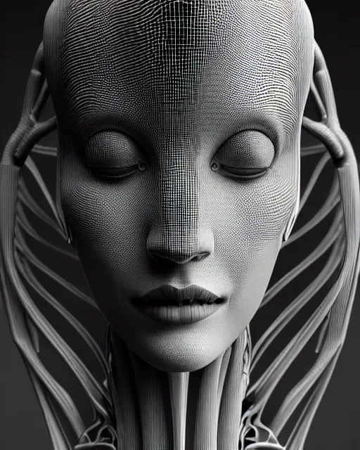 Image similar to mythical black and white organic bio-mechanical spinal ribbed face portrait detail of mechanical beautiful female angelic-vegetal-cyborg, highly detailed, intricate ornate, poetic, 3D render, digital art, octane render, 8K artistic photography, photo-realistic, by Man Ray