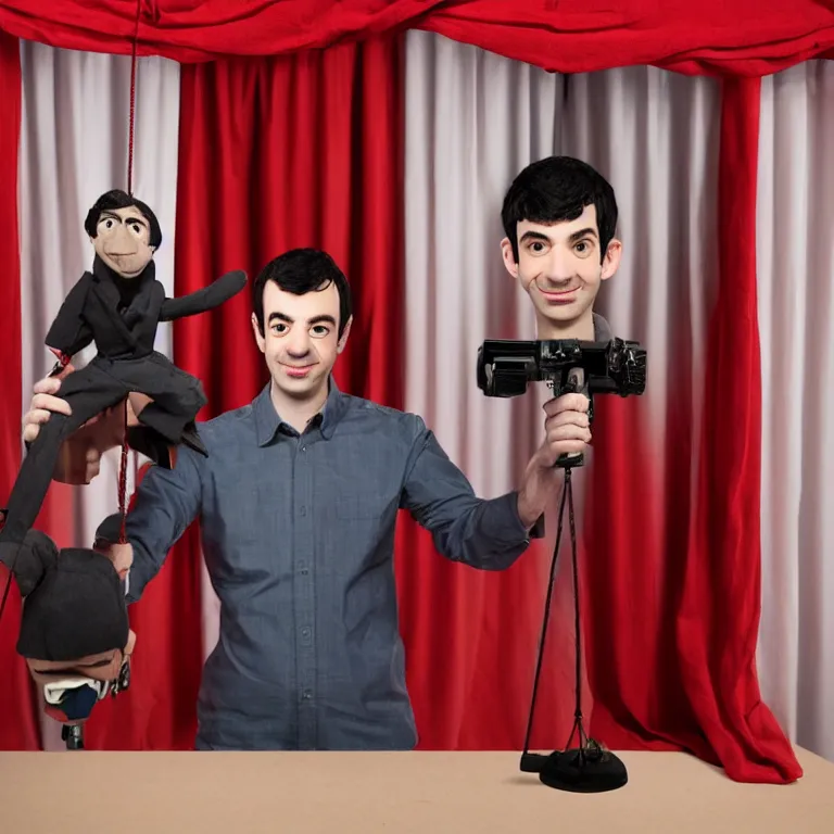 Prompt: dslr photograph of nathan fielder from nathan for you on comedy central behind a puppet stage with a red curtain as multiple marionette puppets controlled by hands holding the strings, high detail!!! 8 k photorealism sharp focus volumetric lighting, coherent!!! art directed