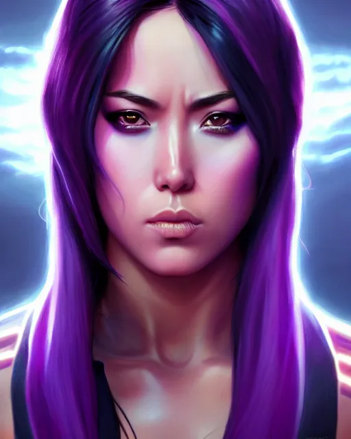 Prompt: Psylocke Chloe Bennet long hair, purple energy sword, realistic character concept, action pose, comic book, illustration, slender symmetrical face and body, artstation, cinematic lighting, hyperdetailed, artgerm, 8k, Rafeal Albuquerque comic book art, single face, insanely detailed and intricate, beautiful