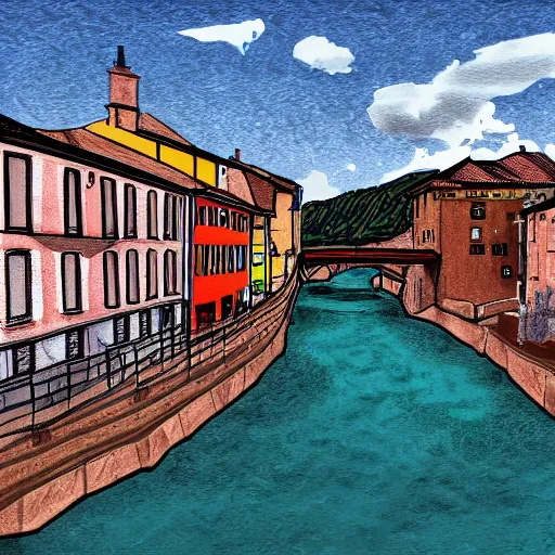 Image similar to digital art painting of a river running through a european town, very mediocre, not detailed at all.