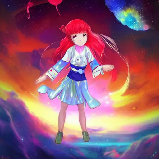 Image similar to over the cloud there is a cosmic girl A young female looks like kasumi arimura with wolor explosion background trending on artstation and twitter by Yoneyama Mai and Krenz Cushart, trending on pixivpour technique, she isColorful astronaut, flowing robe, floating , colorful nebula, derelict space ship, science fiction spaceman, space, futuristic spacesuit, cover art, cinematic, highly detailed, strong line work, Alphonse Mucha, John Harris, 4k render, 4k post, hyper detailed