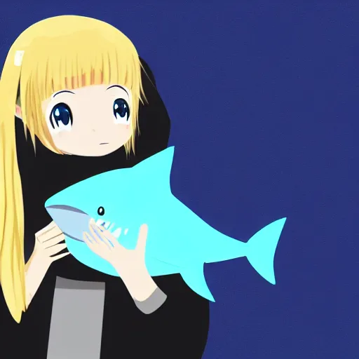 Image similar to a blonde-girl-in-a-black-hoodie holding a blue-shark-stuffie, anime style digital art