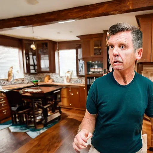 Image similar to an irish middle aged gentleman with brown moptop hair and red cheeks is doing the chicken dance in his kitchen. he is clean shaven. he is wearing a dark blue tshirt and khaki shorts. he holds his arms out like they are chicken wings and dances animatedly. he has no beard or moustache.