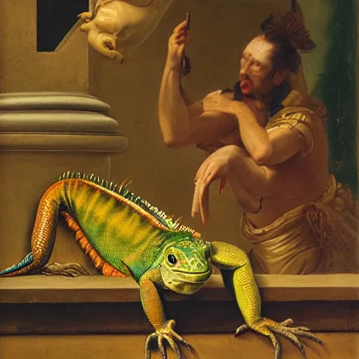 Image similar to iguana drinking tequila, baroque painting