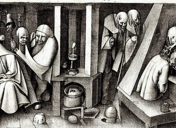 Image similar to judge wearing a bench wig is making a haircut to another judge with a bench wig, by hieronymus bosch