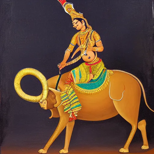 Prompt: A painting of hindu warrior carrying a golden bow riding a majestic white elephant.