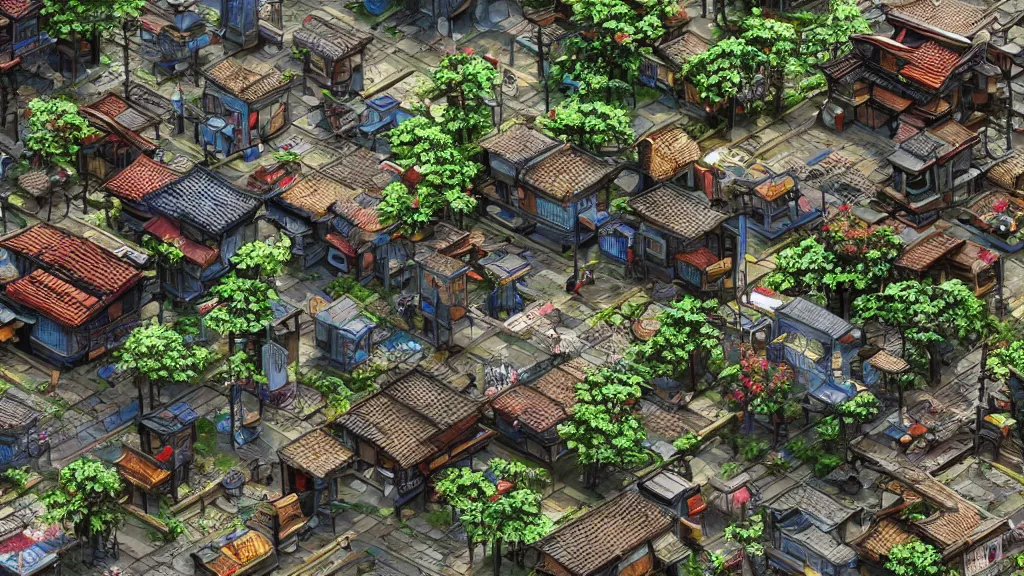 Prompt: small, quaint, oriental ancient cyberpunk japanese village in cyberpunk style,, hyperrealistic, highly detailed, 4 k hd