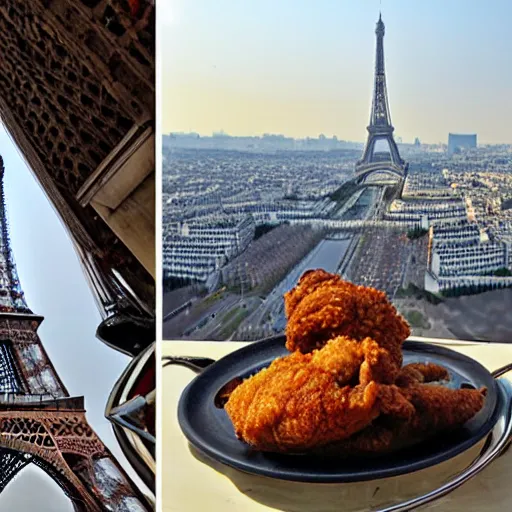 Image similar to fried chicken on top of the eiffel tower