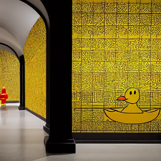 Image similar to wide shot, one photorealistic rubber duck in foreground on a pedestal in an cavernous museum gallery, metropolitan museum of art, the walls are covered with colorful geometric wall paintings in the style of sol lewitt, tall arched stone doorways, through the doorways are more wall paintings in the style of sol lewitt.