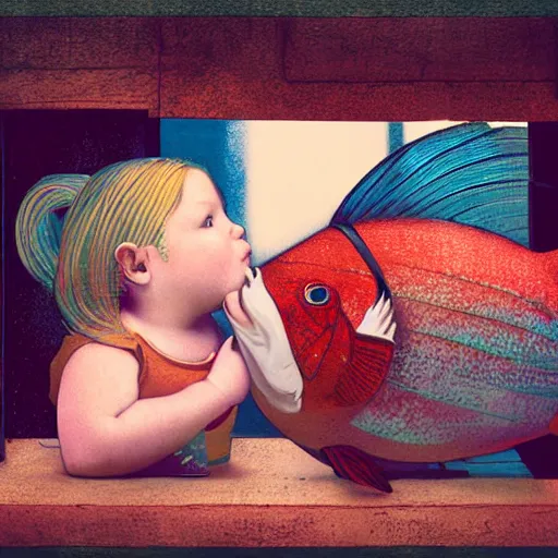 Image similar to the same style. the most beautiful little fat sweet girl is kissing a huge colorful cute fish. modern etching. colored print. hype realistic scene. old photography style. studio lighting. window. 3 d, octane render, deep focus, zbrush