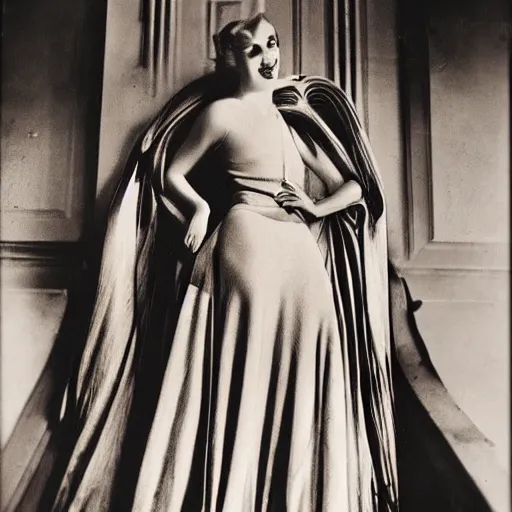 Image similar to a vintage 1 9 3 0 s kodachrome photograph of a avent - gard fashion haute couture collection opera ensemble inspired by the roman god apollo, the god of the sun.