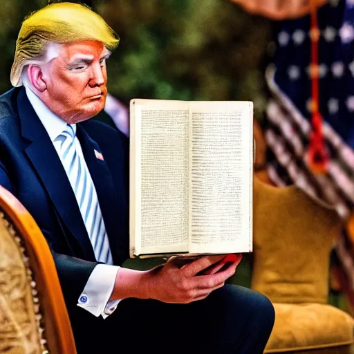 Prompt: photography of donald trump reading the holy bibble for a poor kid, very realistic, intricated, highly detailed