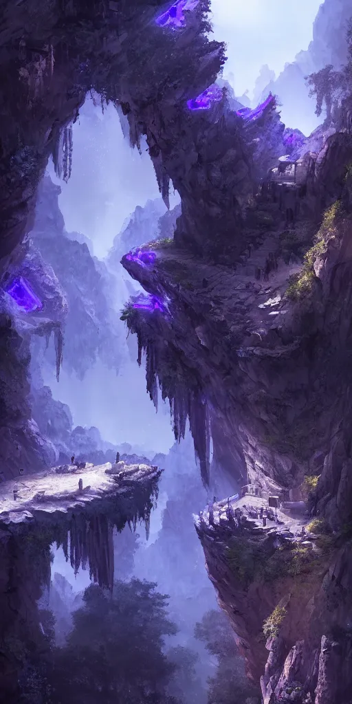 Image similar to Gorge in the mountain, white stone temple ruins, night dramatic lighting, blue and purple tones, wide camera angle, matte painting, trending on ArtStation, concept art, delightful surroundings, high detail, sharp contrast, picturesque