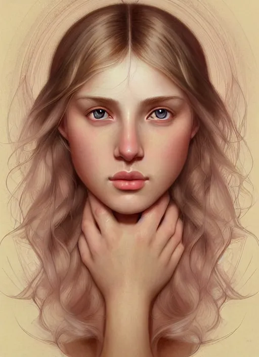 Image similar to beautiful symmetrical face!! portrait of young woman blessed with ever - increasing physical and mental perfection, realism, blonde hair, perfect face!! intricate, elegant, highly detailed, vision of holy perfection!! digital painting, artstation, concept art, smooth, sharp focus, illustration, humanity, art by artgerm and greg rutkowski and alphonse mucha