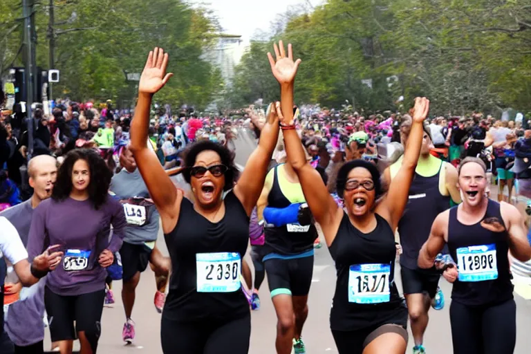 Prompt: oprah with hands in air shouting screaming running marathon