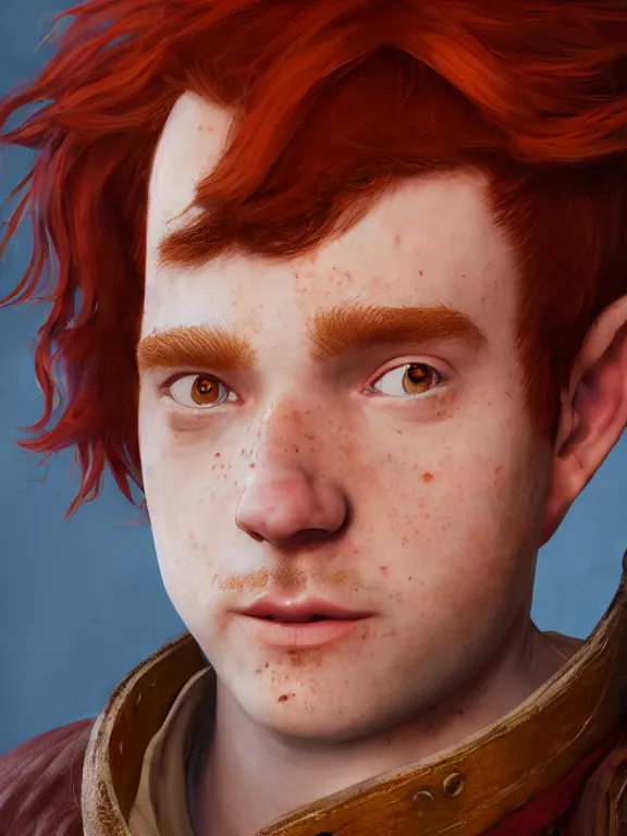 Image similar to portrait art of red - haired halfling bard 2 1 year old man!! freckles!!, 8 k ultra realistic, atmosphere, glow, detailed, intricate, full of colour, cinematic lighting, trending on artstation, 4 k, hyperrealistic, focused, extreme details, unreal engine 5, cinematic, masterpiece