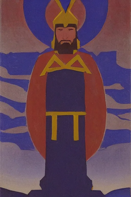 Image similar to thor with mjollnir, marvel, artwork by nicholas roerich,