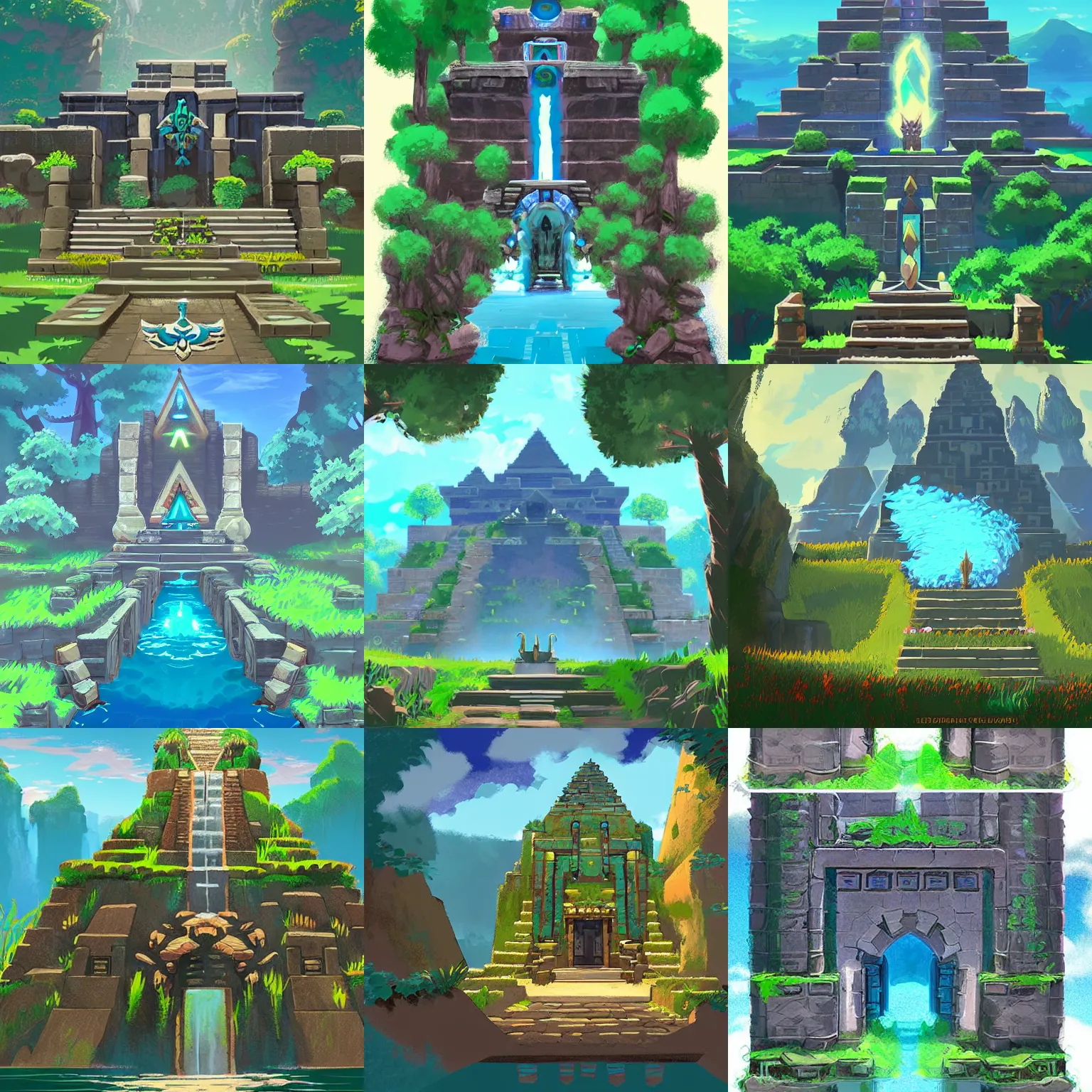 Prompt: the entrance to the water temple. concept art in the style of zelda breath of the wild.