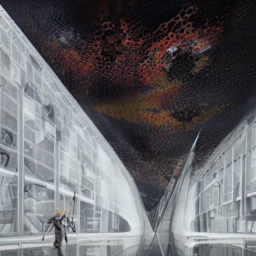 Prompt: digital sci-fi oily gloss reflection zaha hadid airport motherboard wall structure with organic forms in liquid and oil on the coronation of napoleon painting, on moon with medium size man walking with black background and digital billboard in the middle. unreal engine 5, keyshot, octane, artstation trending, by Zaha Hadid architects, by Matrix film color, high contrast pinterest black plastic, dark atmosphere pinterest tilt shift, 4k, 8k, 16k.