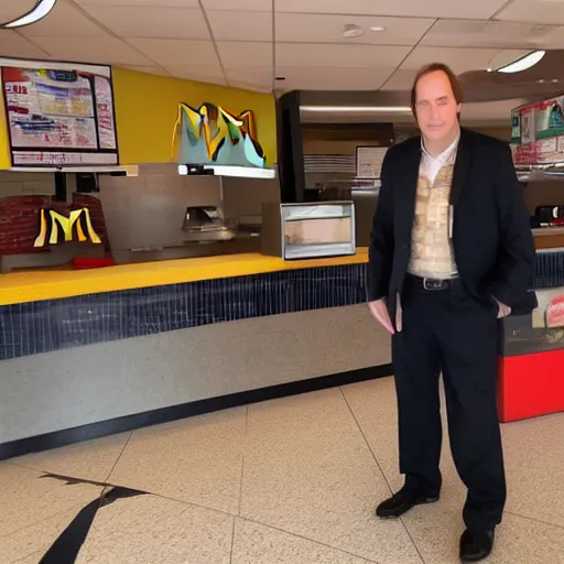 Prompt: Bob Odenkirk works at Mcdonalds, background of McDonalds interior