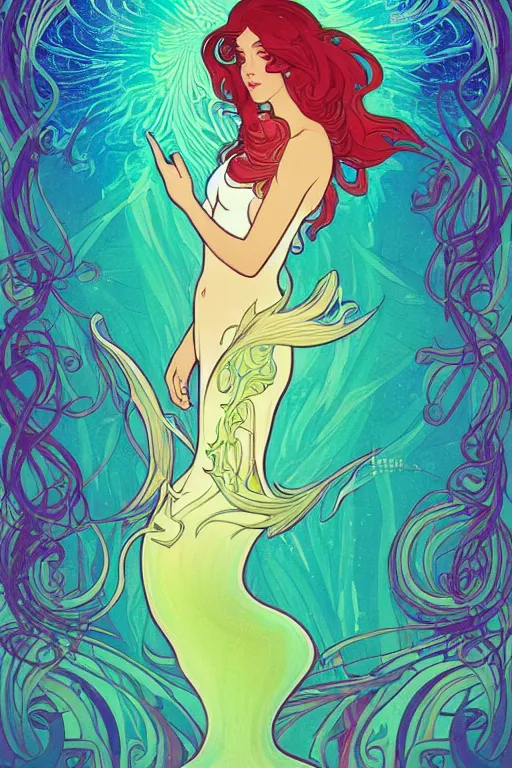 Prompt: a beautiful psychedelic mermaid with a beautiful fin, symmetrical features, cinematic lighting, soft bokeh, fantasy, modern, colourful, highly detailed, digital painting, artstation, deviantart, concept art, sharp focus, illustration, by alphonse mucha and eyvind earle