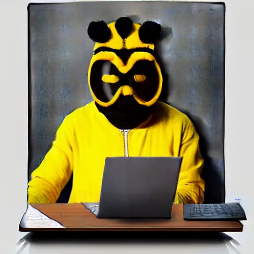 Prompt: kanye west in a bumblebee costume drinks coffee in front of a laptop, highly detailed, masterpiece, renaissance, oil on canvas