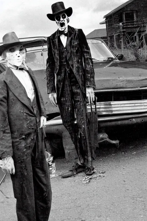 Image similar to A zombie gentleman with a cane stands in the picture near a retro car