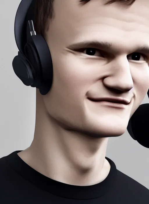 Image similar to vitalik buterin in headphones. vitalik buterin, medium shot, perfect symmetric face, coherent eyes, cute happy face, fine details., very sharp, 4 k, pixar, octane render, hans zatska