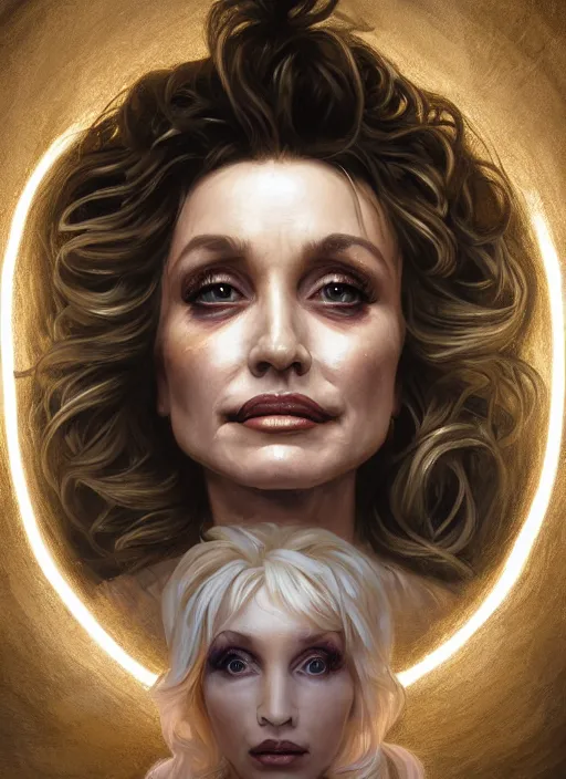 Image similar to Portrait of Dolly Parton, white glowing eyes, fantasy, extremely detailed, digital painting, artstation, concept art, smooth, sharp focus, illustration, stunning lighting, art by artgerm and greg rutkowski and alphonse mucha and simon stalenhag, realistic character concept, high fantasy, light atmosphere, golden ratio, cinematic lighting, hyperdetailed, high resolution, insanely detailed and intricate, artstation, Marc Simonetti, Greg Rutkowski, 8k