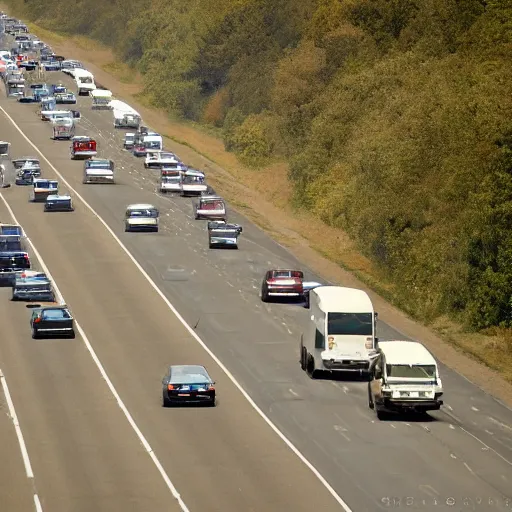 Image similar to photo, 5 0 mm, interstate traffic jam, scattered clouds, midday sun,