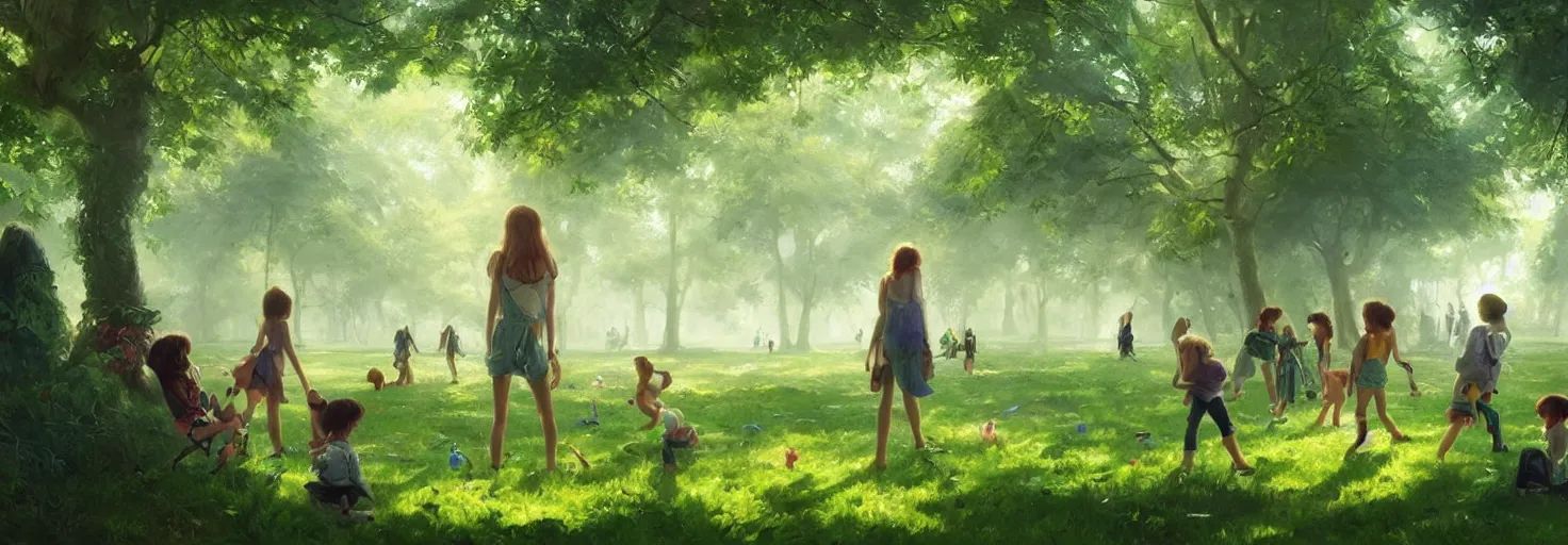 Image similar to beautiful sunny day in a green lush park, kids playing, soft warm lighting, highly detailed, digital painting, trending on artstation, concept art, sharp focus, illustration, art by artgerm and greg rutkowski and magali villeneuve