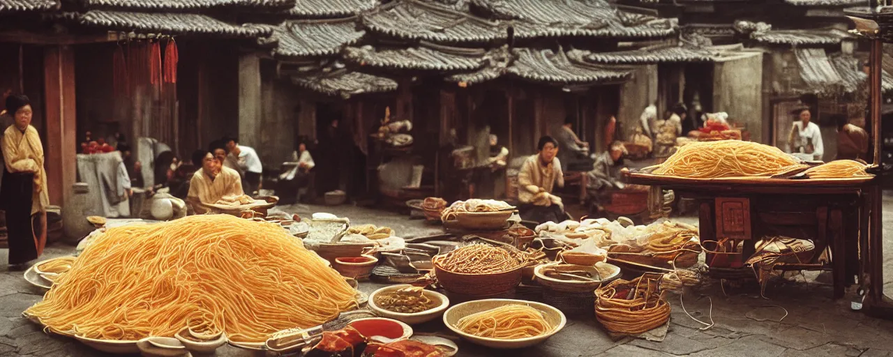 Prompt: spaghetti stall at the height of the jin dynasty in ancient china, afternoon glow, canon 5 0 mm, wes anderson film, kodachrome, retro