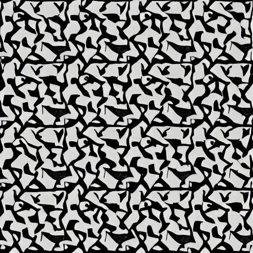 Prompt: lots and lots of black and white tessellating African wild dogs by Escher