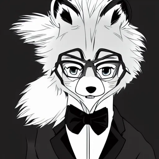 Prompt: official manga line art of a closeup of an anthropomorphic furry male fox wearing a fancy tuxedo, handsome eyes and smile, studio anime line art