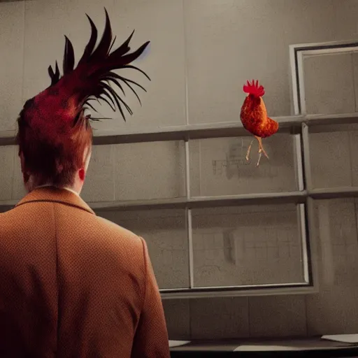 Image similar to saul goodman and a rooster in a saw movie, jigsaw, saul goodman, rooster, unreal engine 5