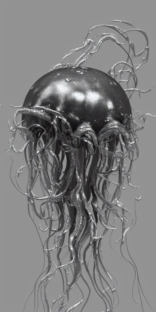 Prompt: a photorealistic render of a metallic neotribal jellyfish, greyscale, made of melted plastic and marble, c 4 d, by zhelong xu and ernst haeckel, wide angle, hyper realistic, plain black background, 8 k, volumetric lightning, octane render